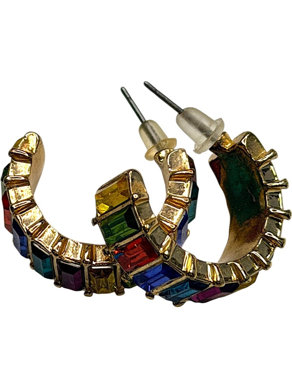 Rainbow Multicolor Baguette Rhinestone Gold Tone Hoop Earrings Statement Jewelry - Picture 7 of 8